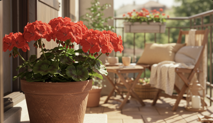 붉은 꽃이 활짝 핀 제라늄