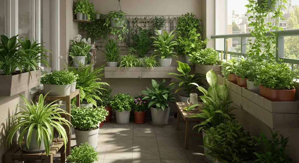 공기 정화 식물 TOP 10으로 쾌적한 실내 공기 만들기 - 여러 화분으로 꾸민 미니 실내 정원