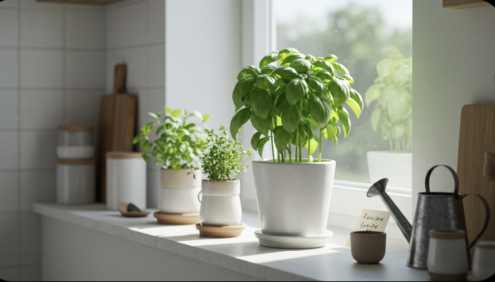 주방 창가의 신선한 바질