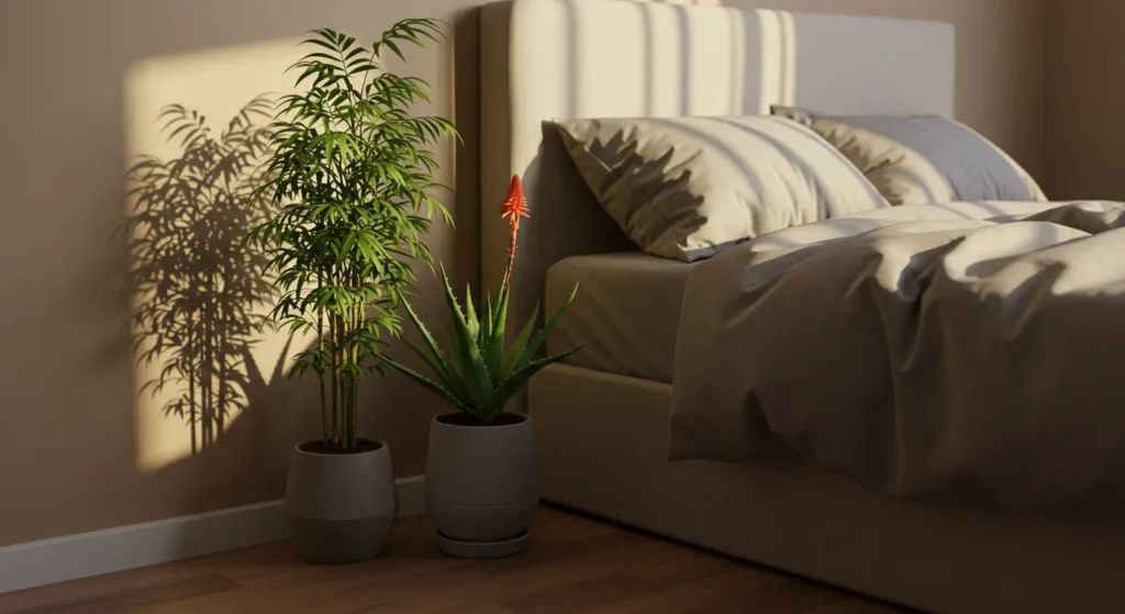 공기 정화 식물 TOP 10으로 쾌적한 실내 공기 만들기 - 침실 구석 대나무 야자와 알로에 화분
