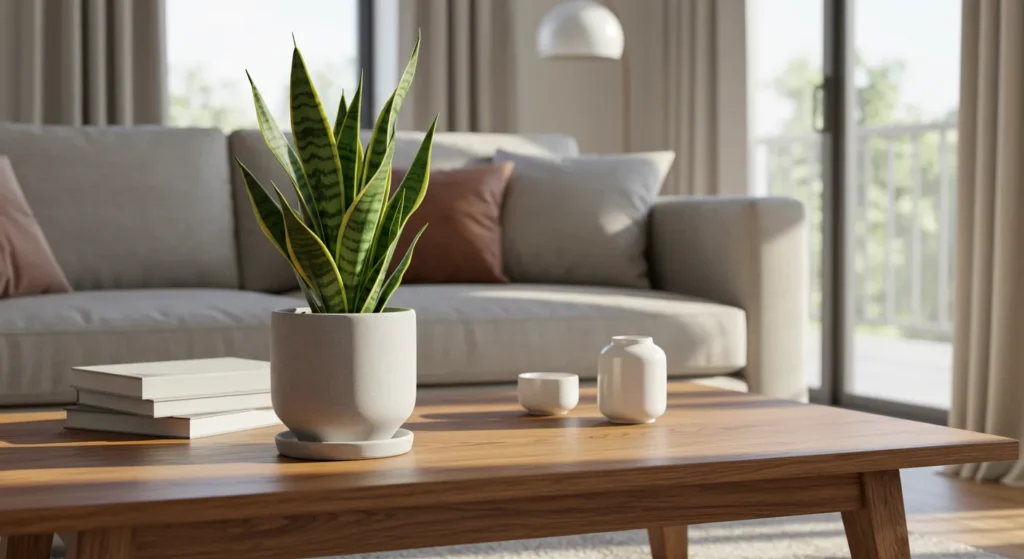 공기 정화 식물 TOP 10으로 쾌적한 실내 공기 만들기 - 거실 탁자 위 산세베리아 공기정화 식물