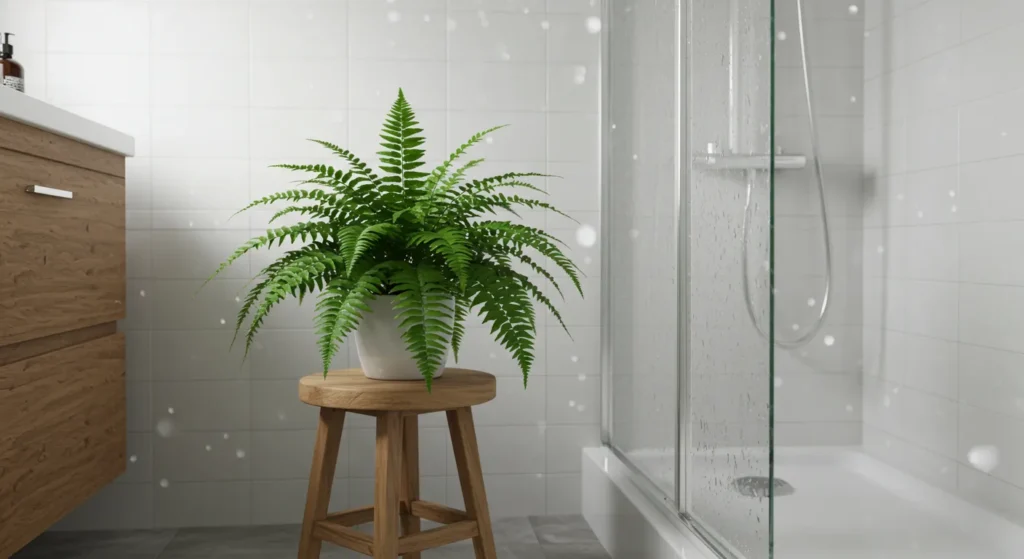 공기 정화 식물 TOP 10으로 쾌적한 실내 공기 만들기 - 욕실 한쪽에 놓인 보스턴 고사리