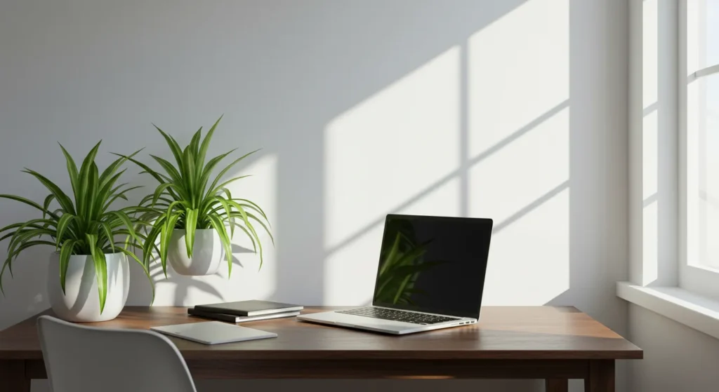 공기 정화 식물 TOP 10으로 쾌적한 실내 공기 만들기 - 책상 옆 거미줄식물로 꾸민 인테리어